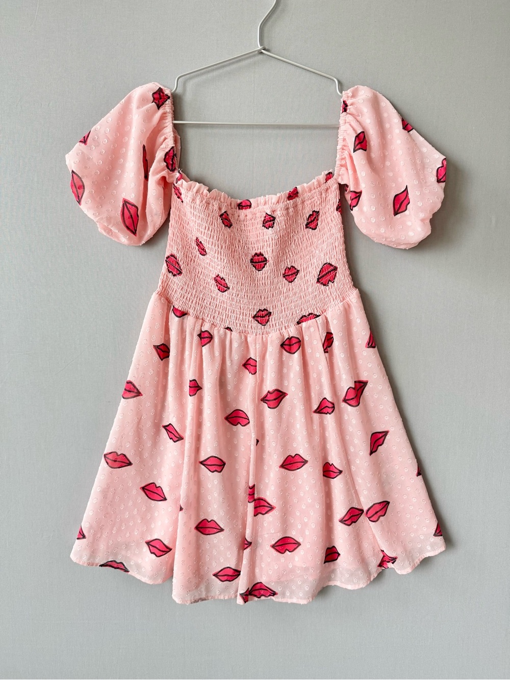 Betsey Johnson Ariana Mini Dress with Lip Print and Off Shoulder Puff Sleeve